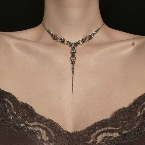 Gothic silver rosary chainmail necklace with a small silver chain - Picture 1 of 7